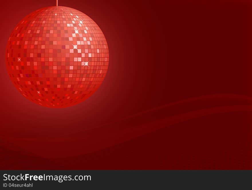 Red disco ball on abstract red background, vector illustration