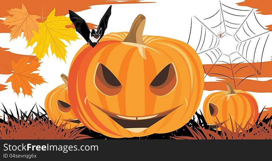 Halloween pumpkins, bat and spiders. Illustration