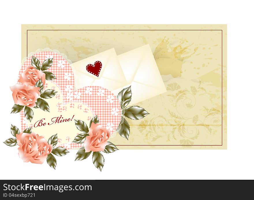 Greeting valentine card with  pink roses