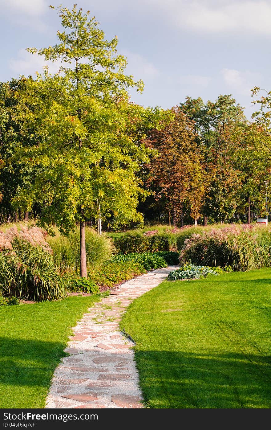 Pathway in the autumn park with colored trees background. Pathway in the autumn park with colored trees background