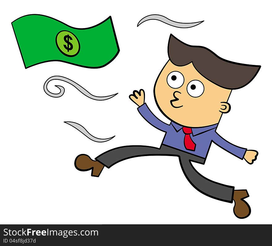 A business man running and trying to catch a flying dollar bill. A business man running and trying to catch a flying dollar bill