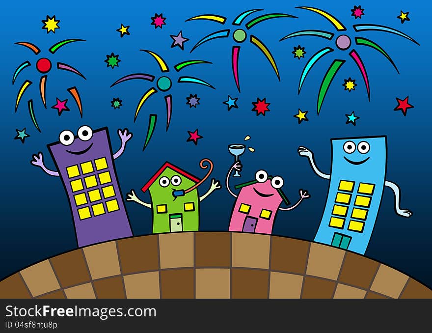 A group of two houses and two buildings are having a party with fireworks above them. A group of two houses and two buildings are having a party with fireworks above them