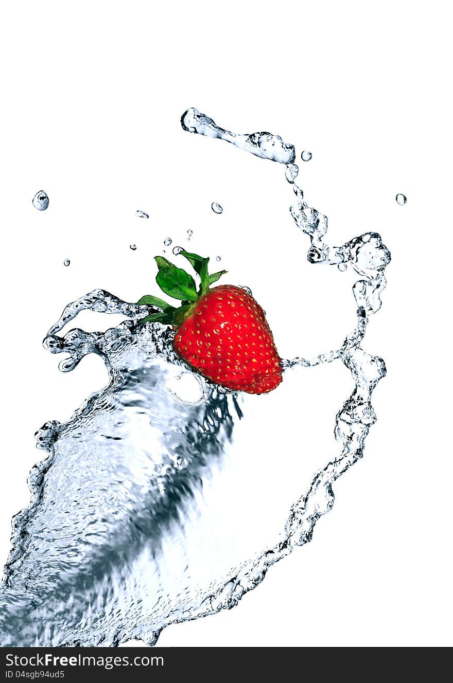 Red strawberry inside flowing water on white background. Red strawberry inside flowing water on white background