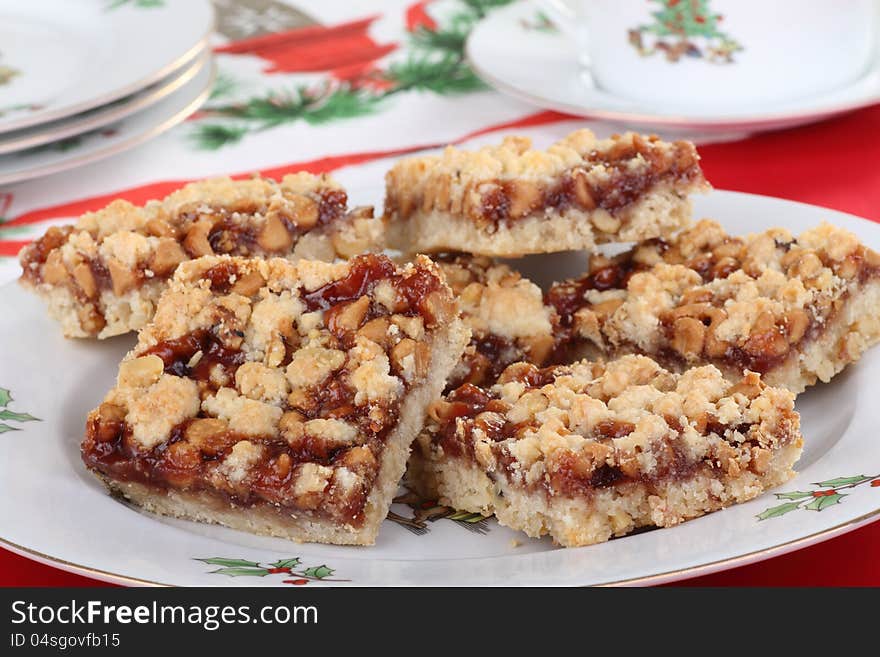 Strawberry nut bars on a Christmas plate