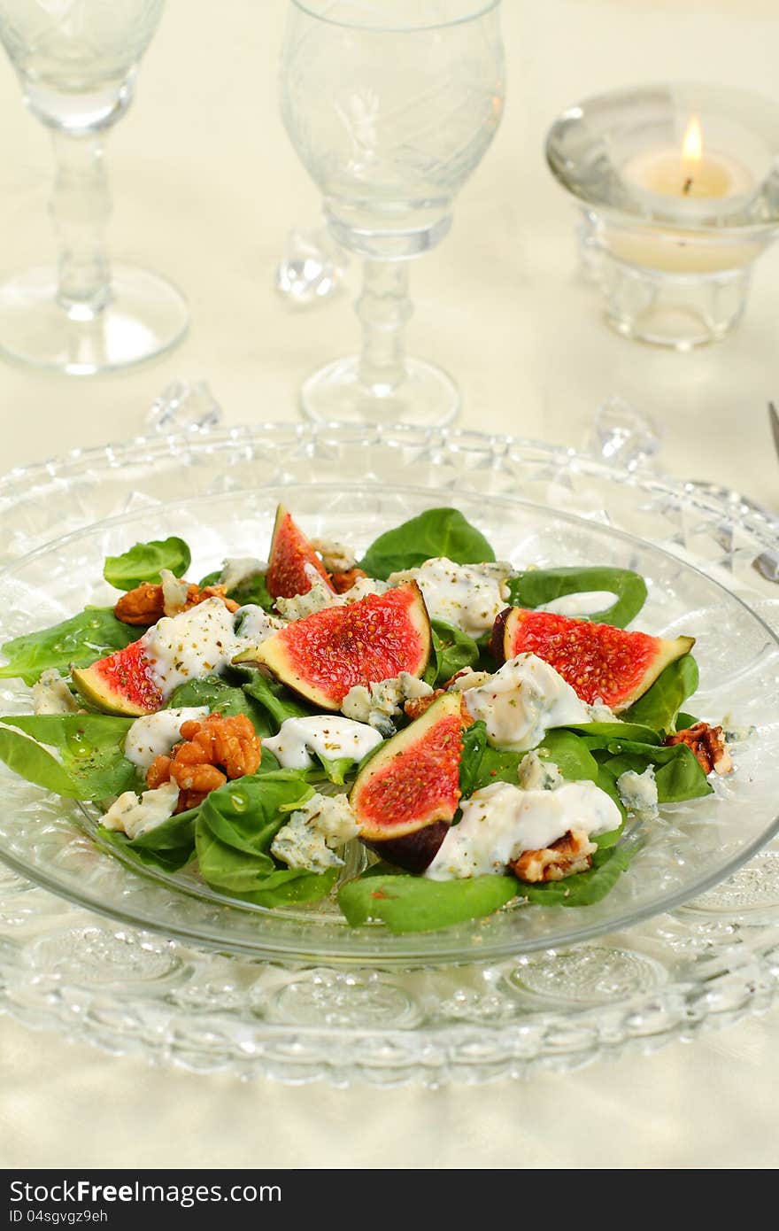 Figs salad with spinach, blue cheese, walnut and honey. Figs salad with spinach, blue cheese, walnut and honey.