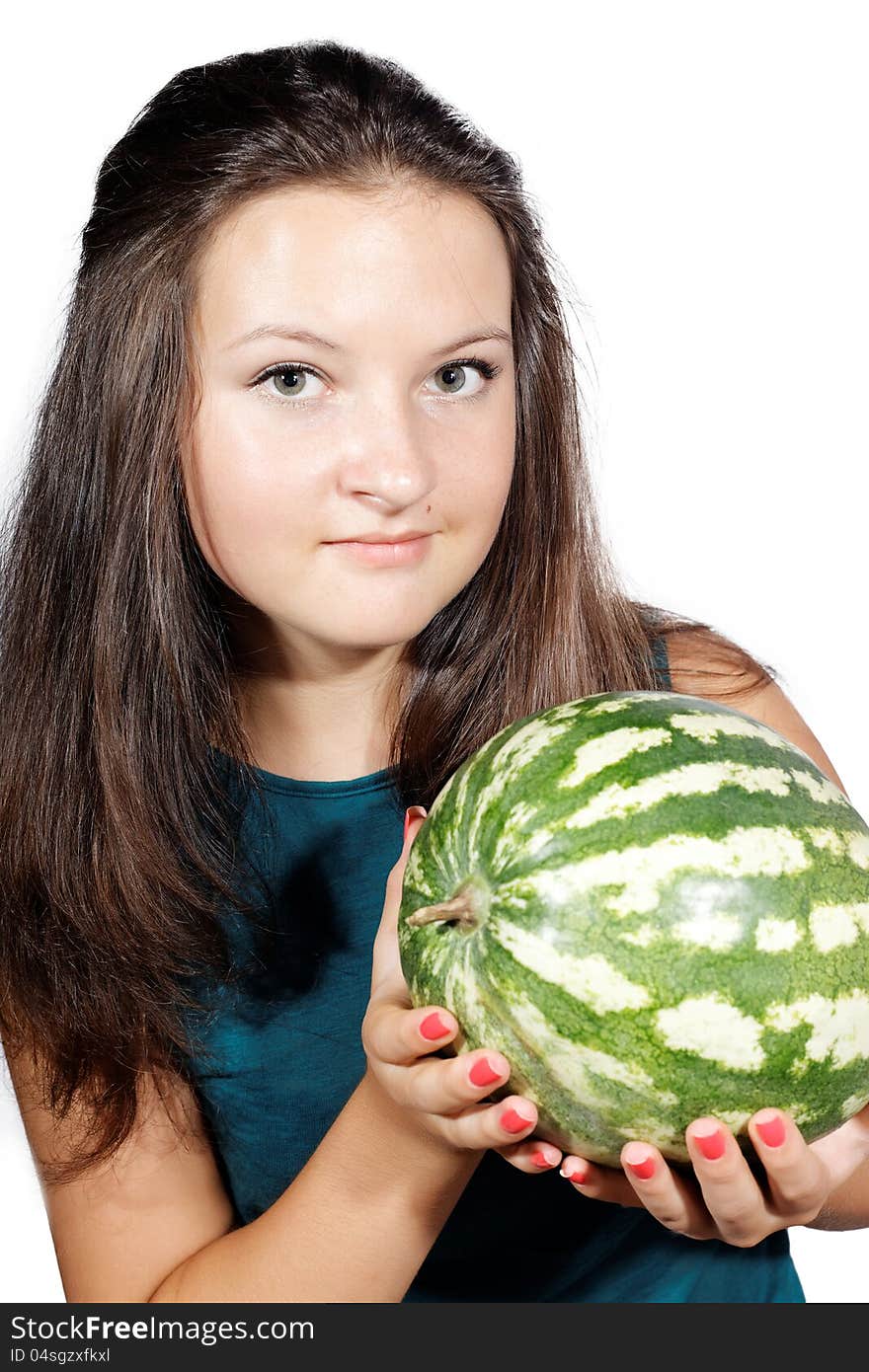 Pretty girl offers a watermelon isolated