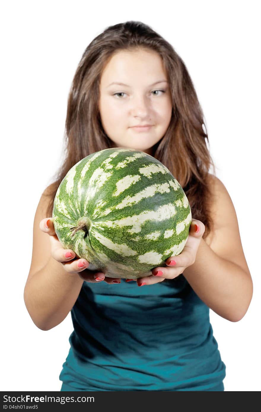 Cute girl offers a watermelon isolated