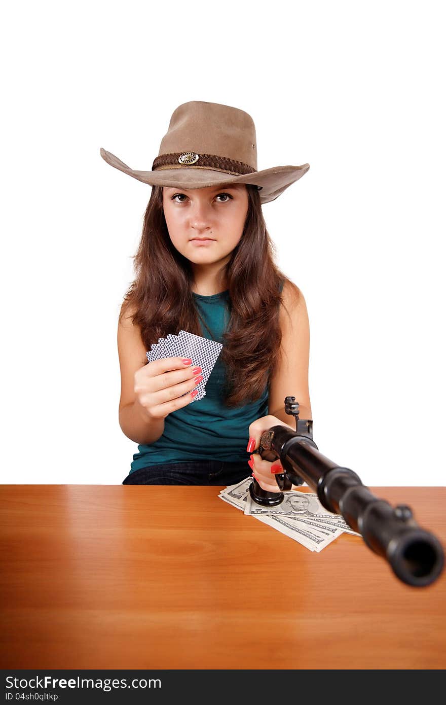 Cowboy girl with gun isolated on white background