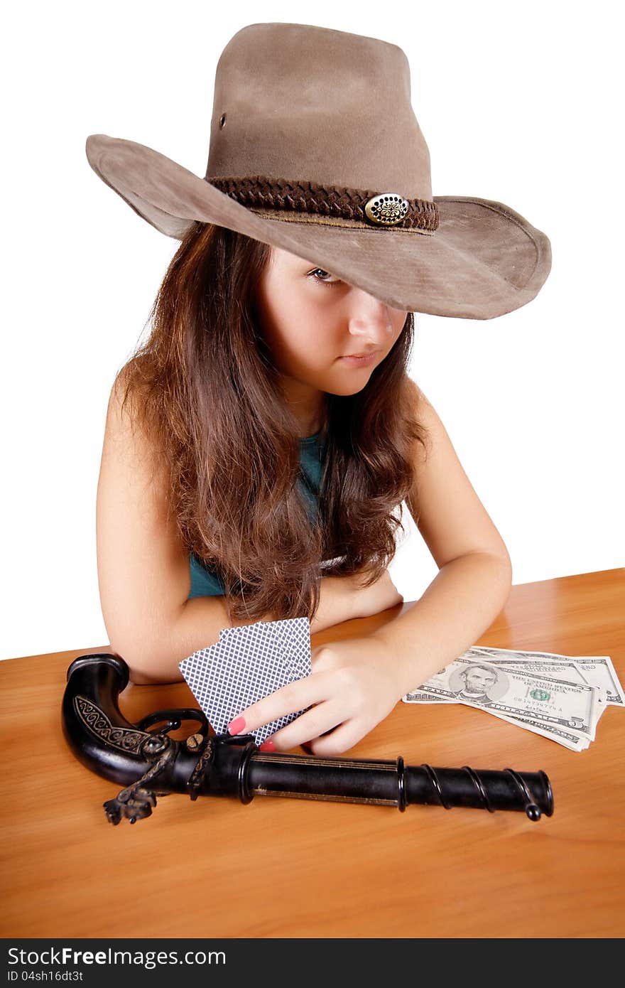 Cowboy girl with gun isolated  background