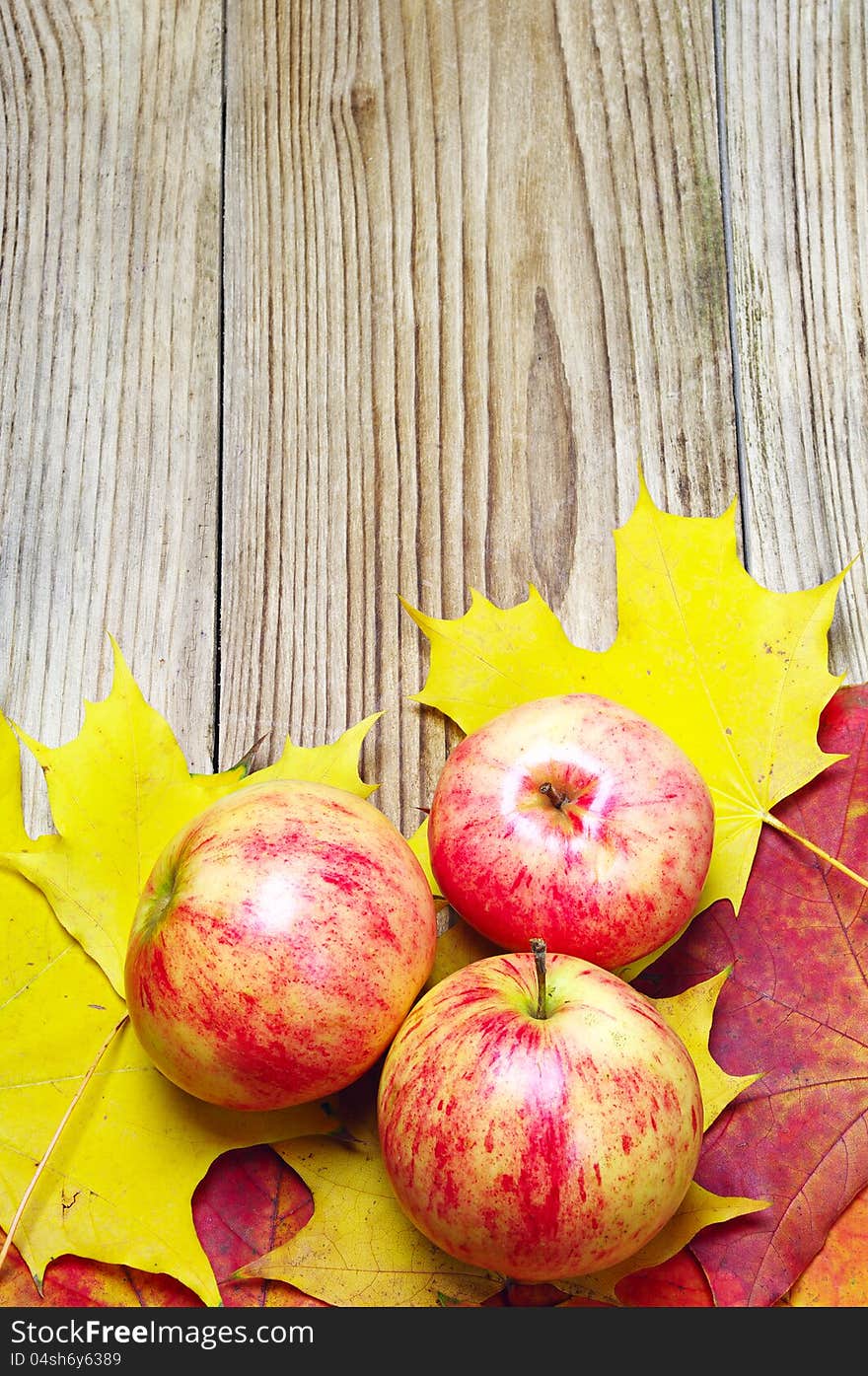 Apples and autumn maple leaves on a wooden background