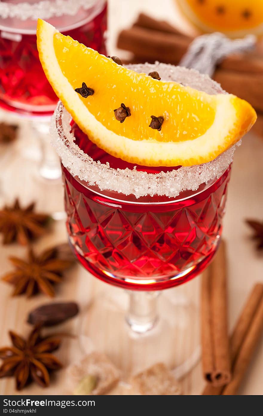 Mulled wine with spices and orange slices