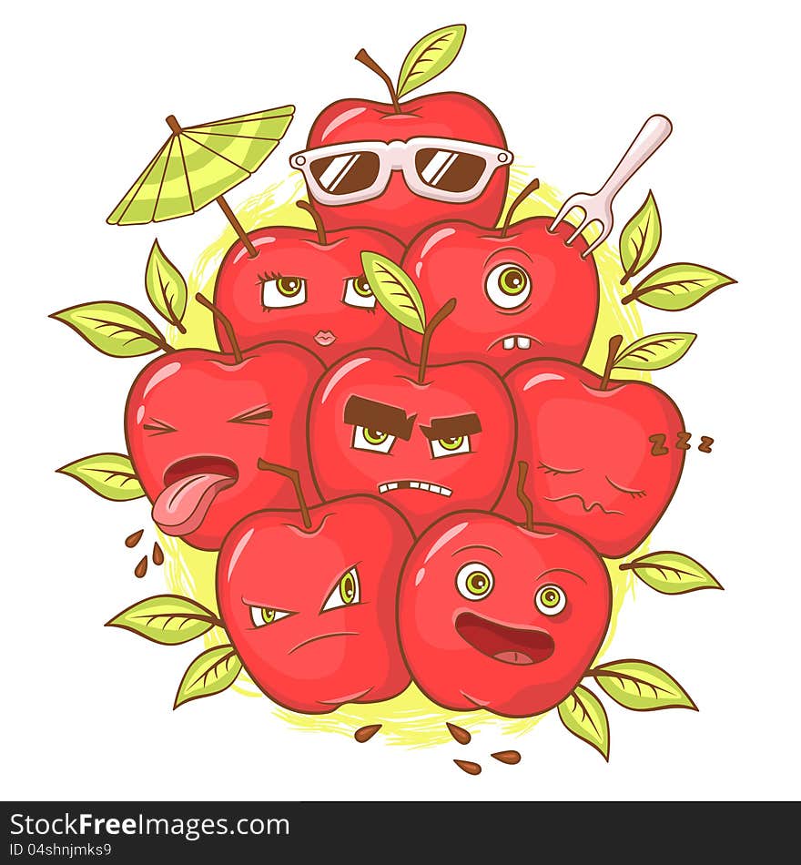 Illustration of red apples with faces