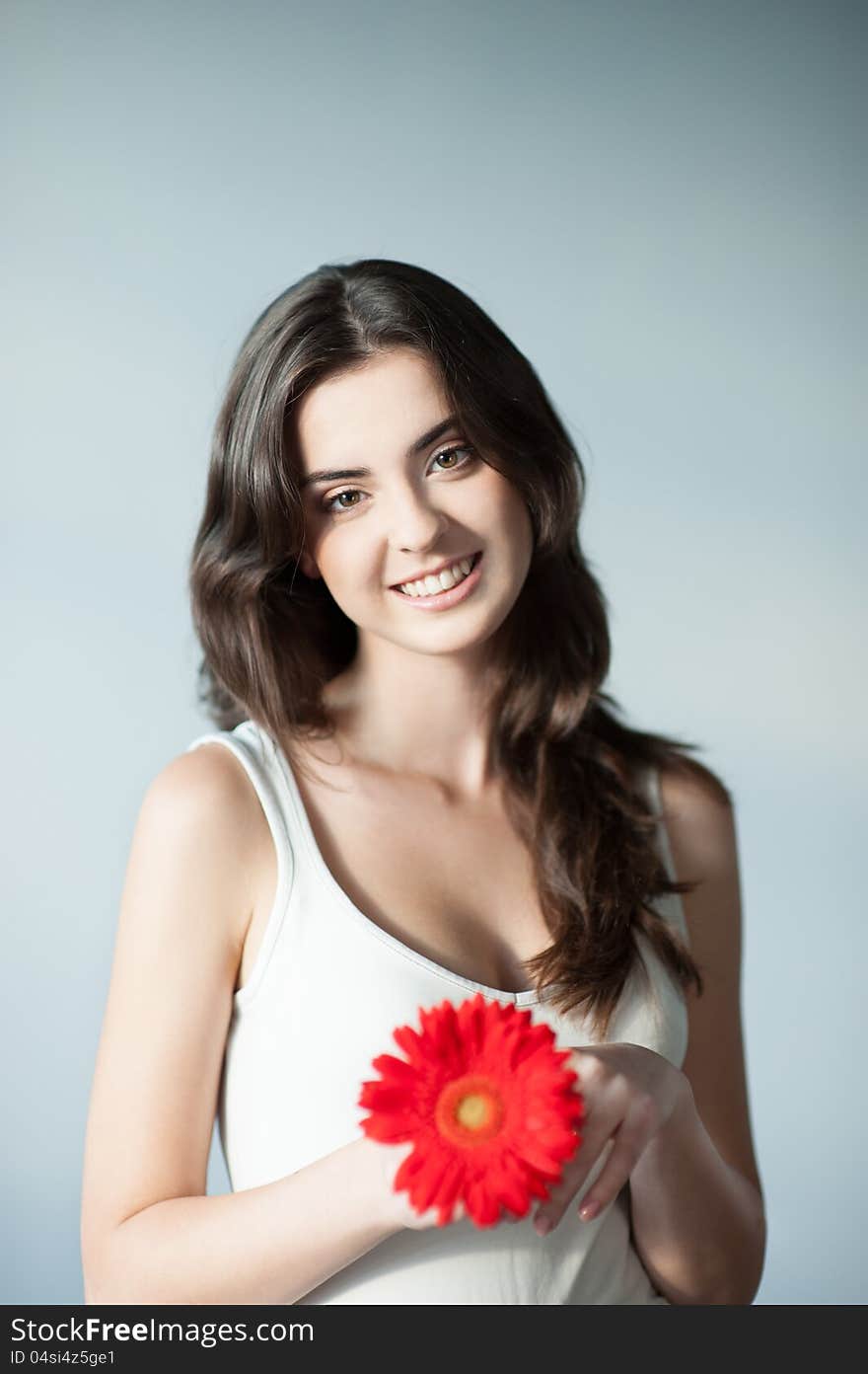 Portrait young attractive cheerful smiling casual caucasian girl with red gerbera flower on gray background. Portrait young attractive cheerful smiling casual caucasian girl with red gerbera flower on gray background