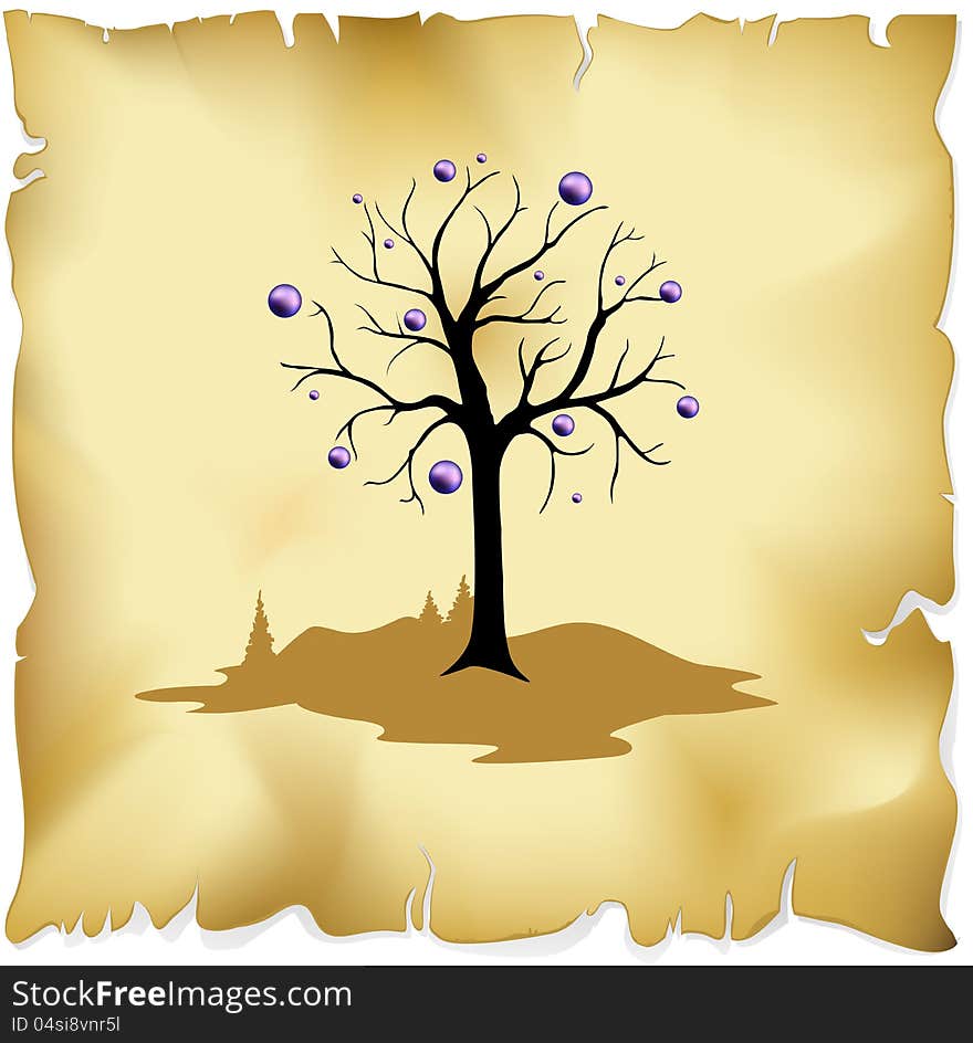 Abstract tree on old paper background with violet balls decoration