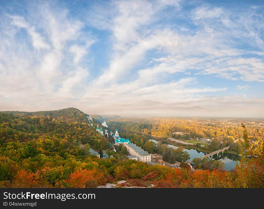 Orthodox church in Svyatogorsk, Donetsk Region, Ukraine; autumn landscape