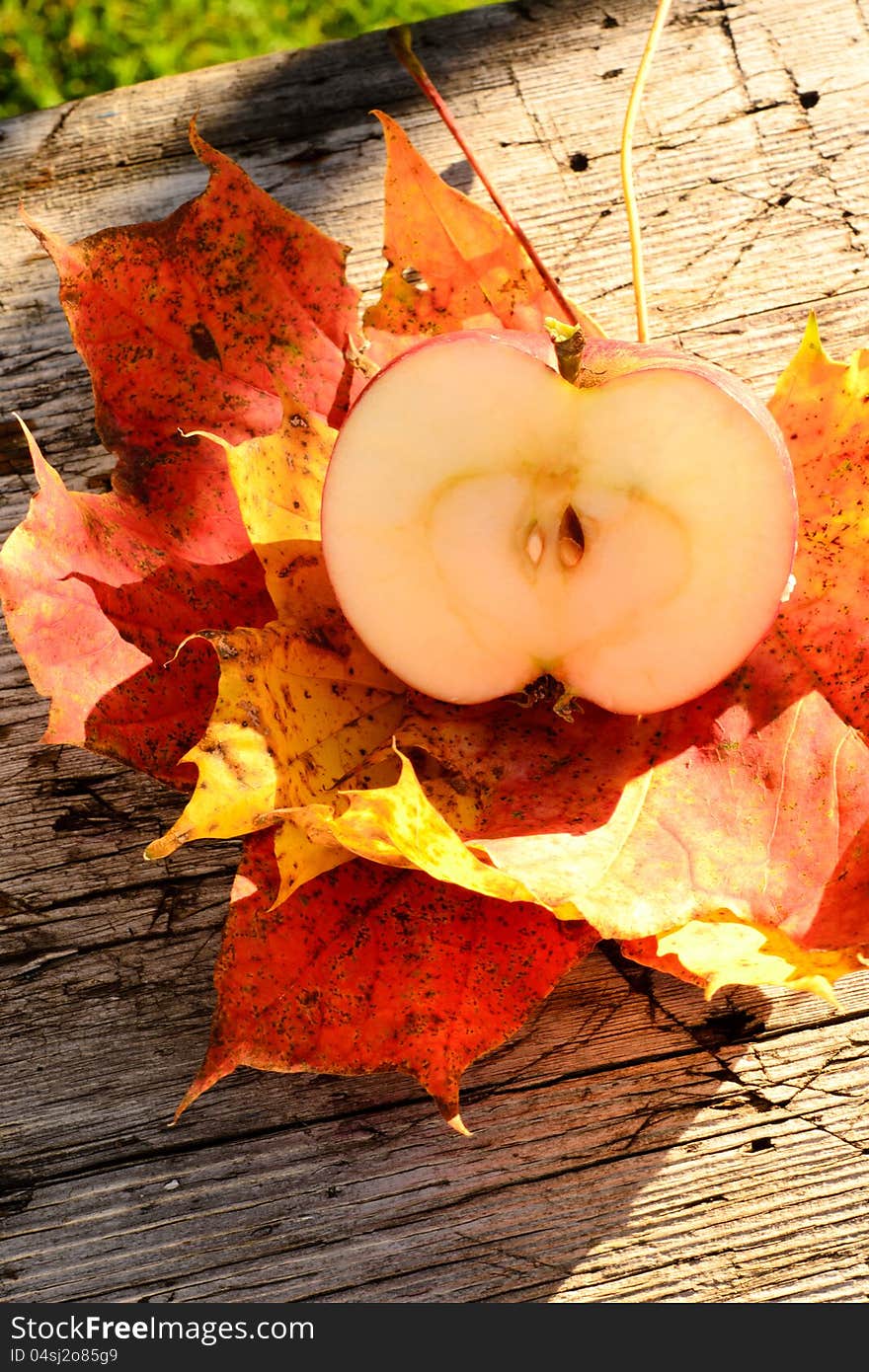 Half of apple Ingrid Marie on the autumn leaves. Half of apple Ingrid Marie on the autumn leaves