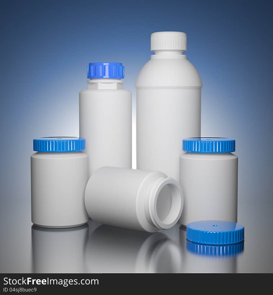 Pill Bottles on Blue Background the Chemical or Medical Concept. Pill Bottles on Blue Background the Chemical or Medical Concept