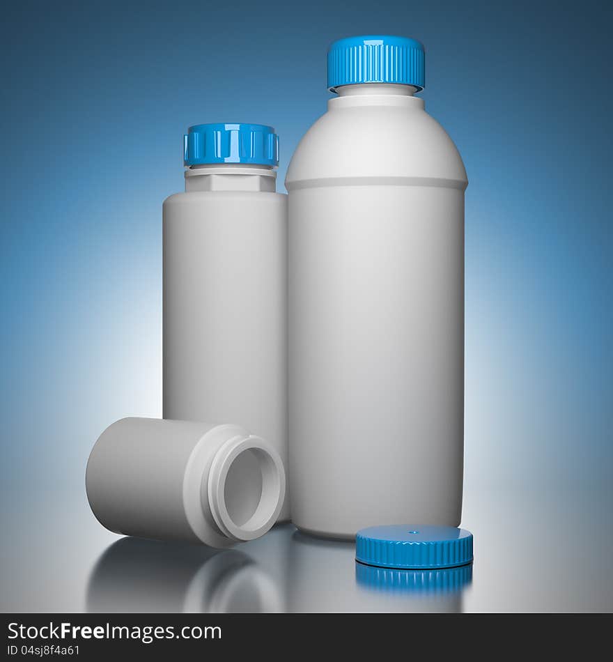 Pill Bottles on Blue Background.