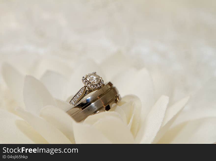 Detailed diamond ring and man's band situated on white silk flower against white background. Detailed diamond ring and man's band situated on white silk flower against white background