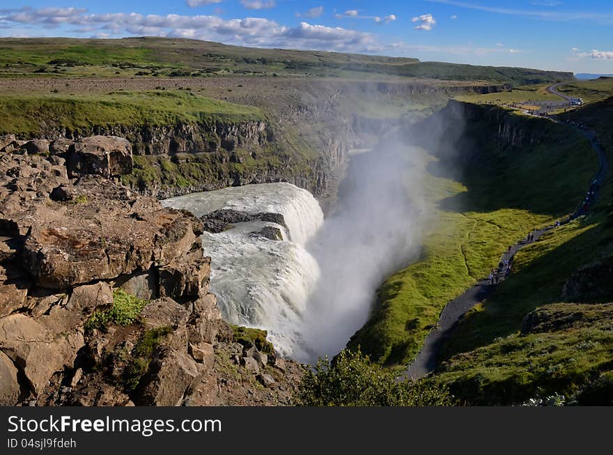 Gullfoss wild waterfall, strong running water, during the day, Iceland