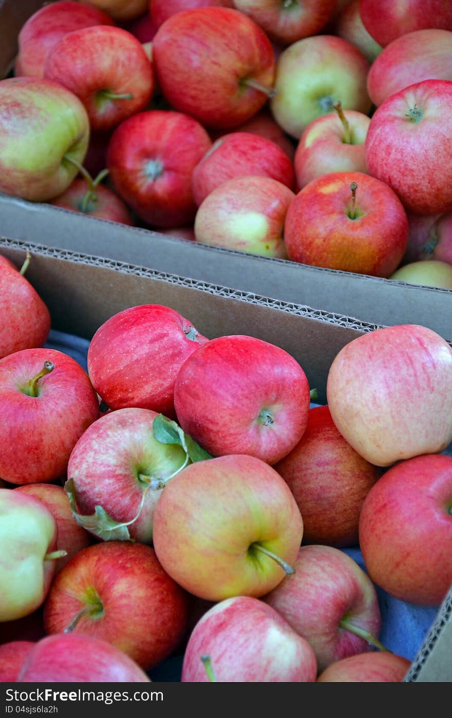 Boxes of fresh apples for sale at market