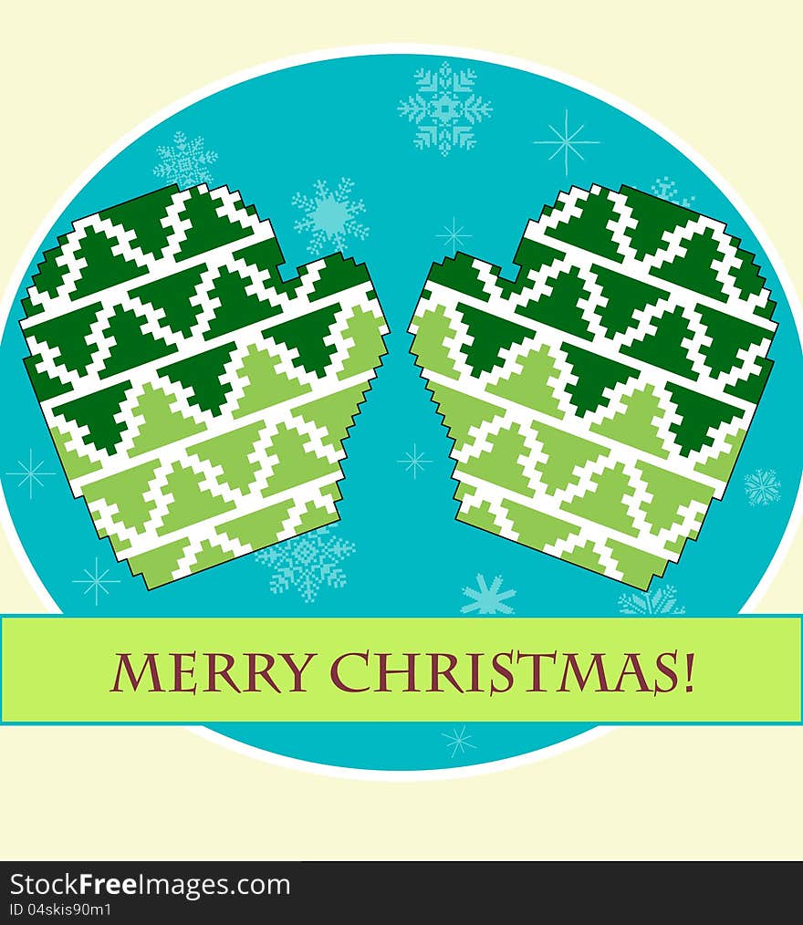 Green Christmas mittens with a pattern on the blue background