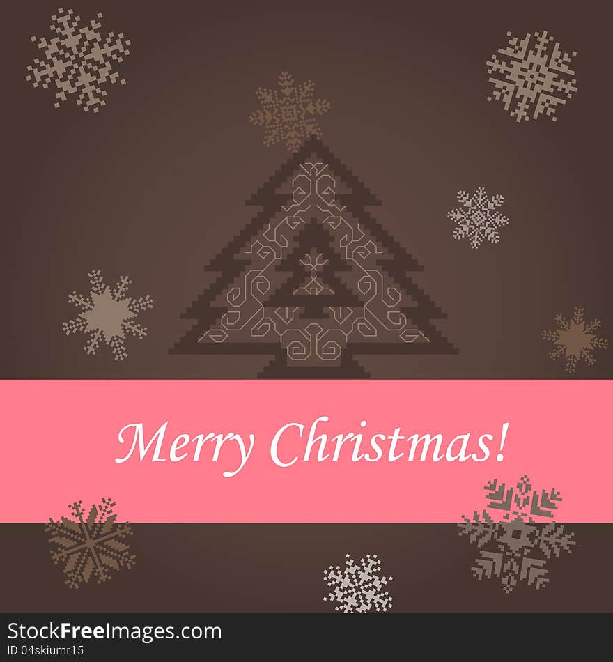 Chrismas card with pine and snowflakes on the brown background. Chrismas card with pine and snowflakes on the brown background