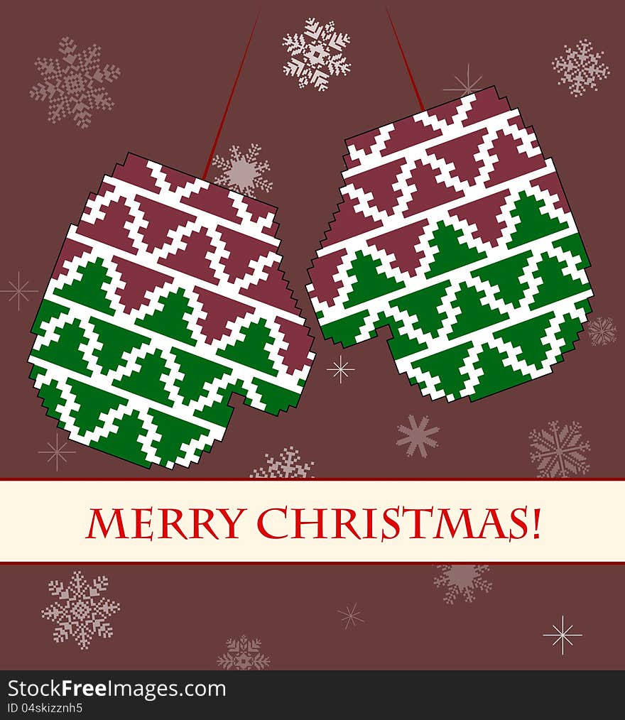 Red Christmas mittens with a pattern on the blue background. Red Christmas mittens with a pattern on the blue background