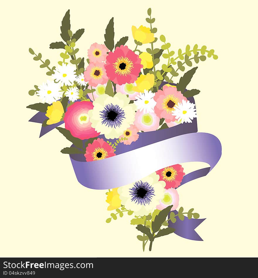 Vector spring illustration with flowers and ribbon. Vector spring illustration with flowers and ribbon