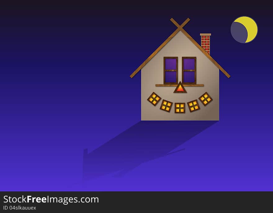 On dark blue background Halloween scary house with moon in the sky