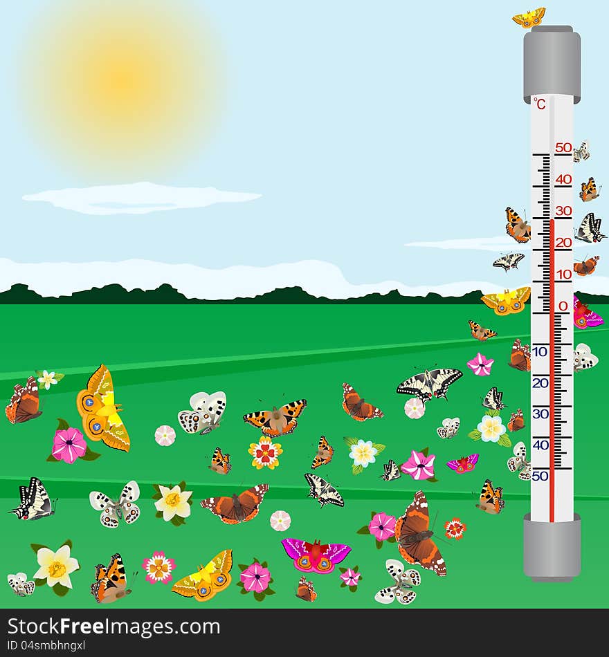 The thermometer on the background of the summer landscape. The illustration on a white background.