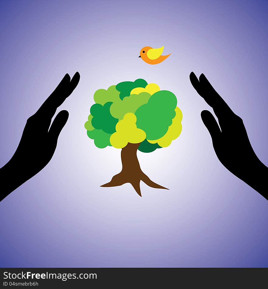 Concept illustration of saving the nature and environemnt. This graphic uses female hand silhouettes, a tree & bird. This can represent the concept of conserving ecology, saving nature from pollution. Concept illustration of saving the nature and environemnt. This graphic uses female hand silhouettes, a tree & bird. This can represent the concept of conserving ecology, saving nature from pollution