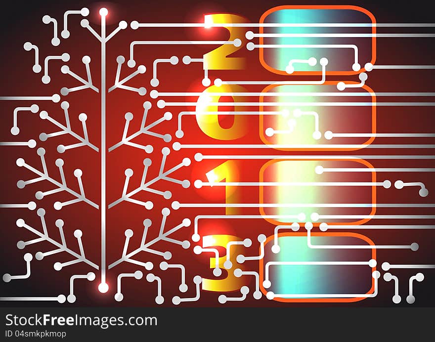 Figures 2013 in front of red printed circuit board techno background. Figures 2013 in front of red printed circuit board techno background