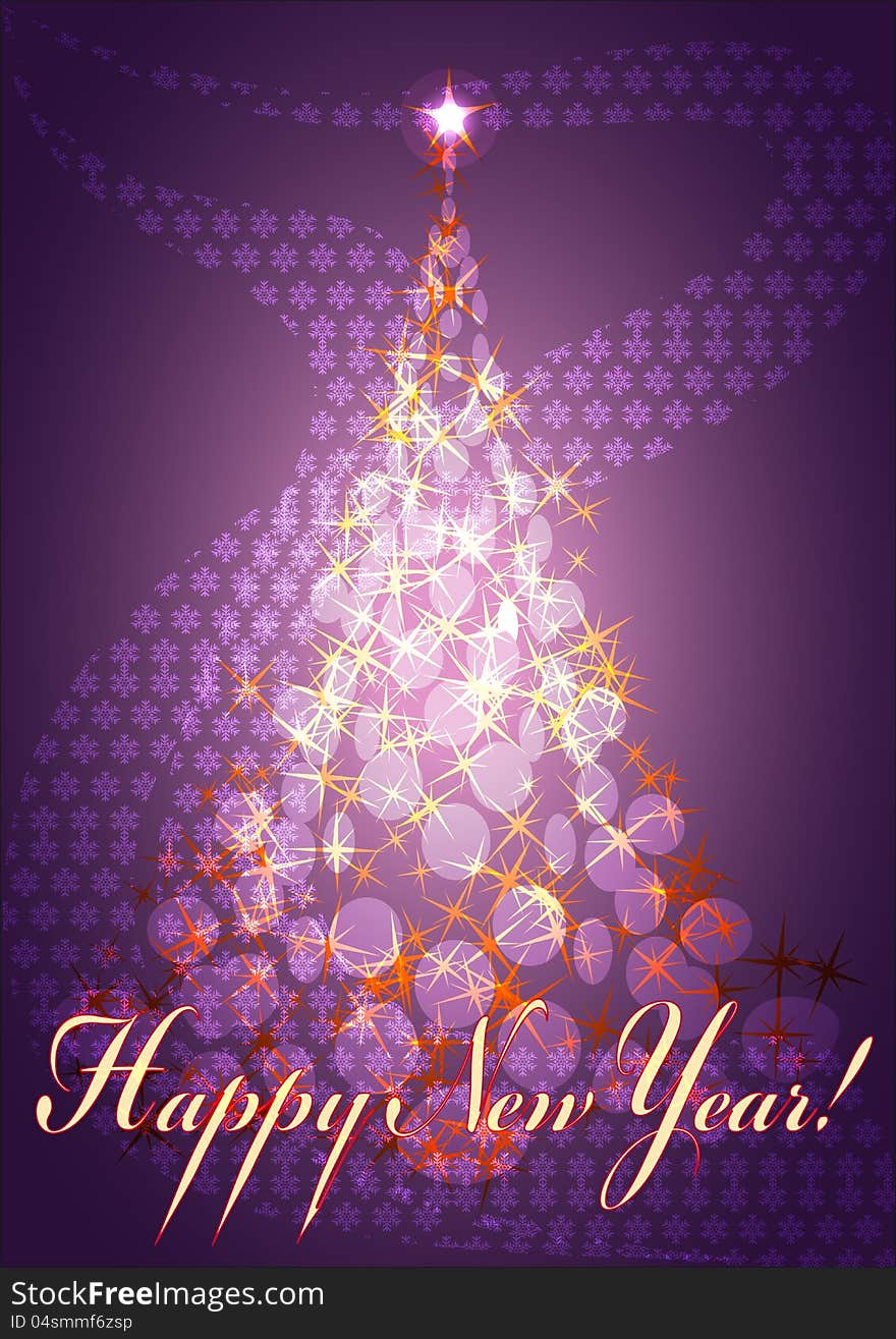 Pine tree with shining stars in front of abstract purple background. Pine tree with shining stars in front of abstract purple background