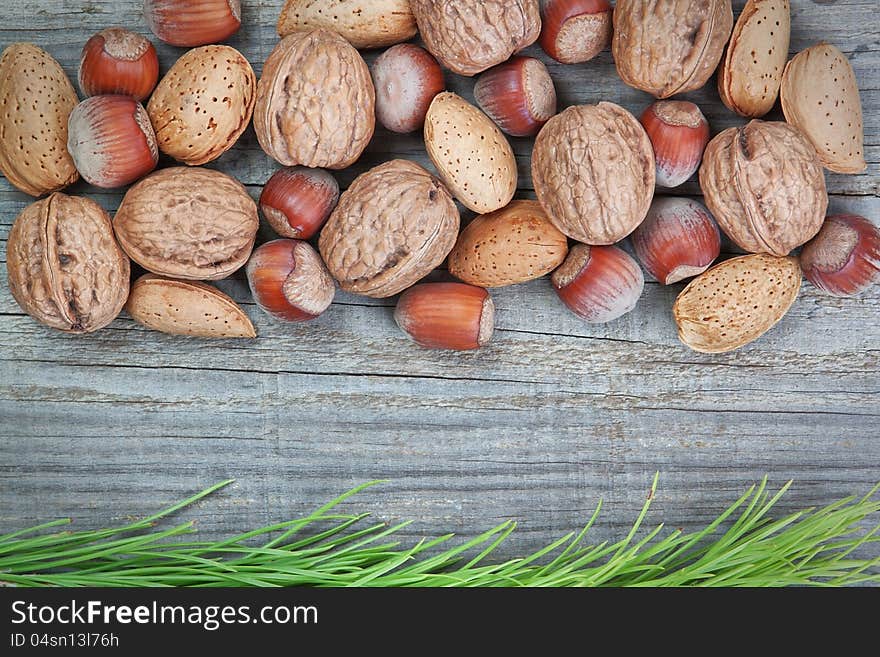 The branch of a Christmas tree on the texture wood and Christmas nuts.