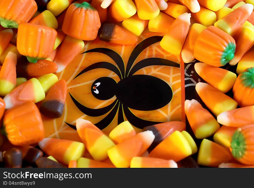 Candy corn on spider trick or treat bag. Candy corn on spider trick or treat bag