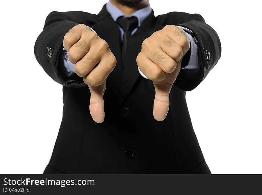 Man with business suit give two thumb down. Election day background or concept. Man with business suit give two thumb down. Election day background or concept