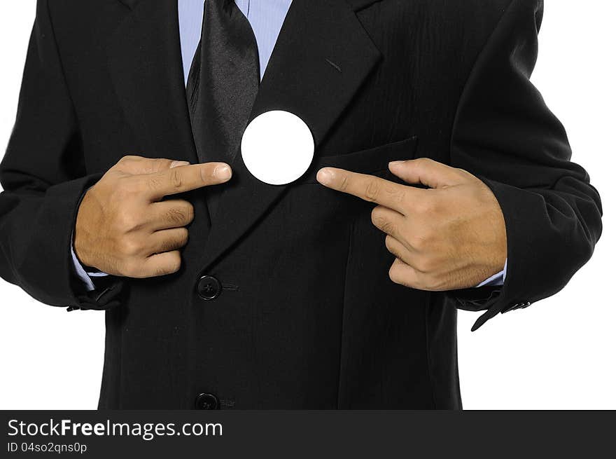 Man with black business suit with blank pinned button. You can put your design on the button. Election day background or concept. Man with black business suit with blank pinned button. You can put your design on the button. Election day background or concept