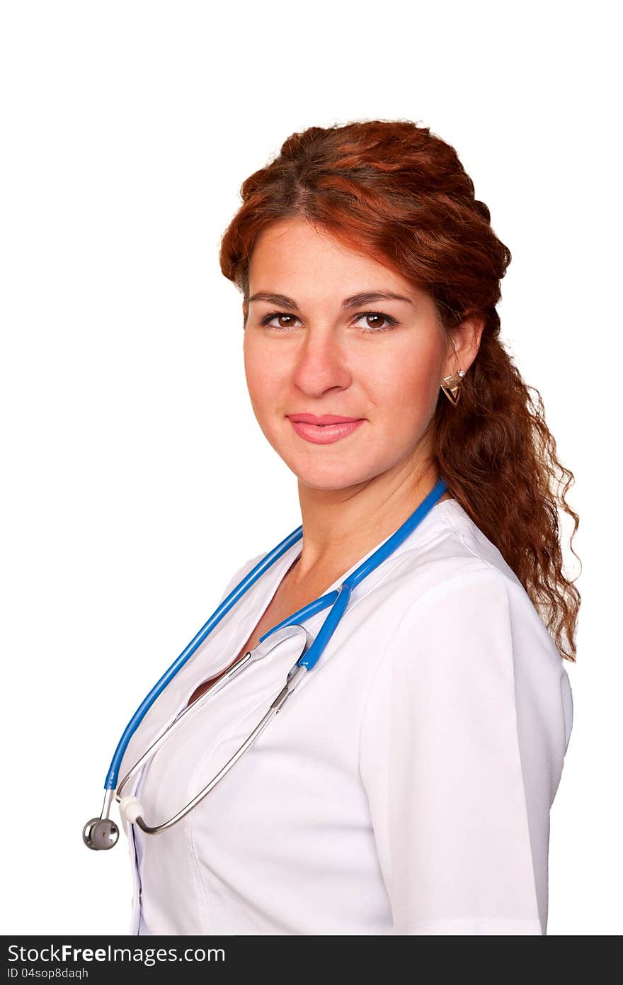 Beautiful young red-haired physician doctor. Isolated on white background with clipping paths. Beautiful young red-haired physician doctor. Isolated on white background with clipping paths.