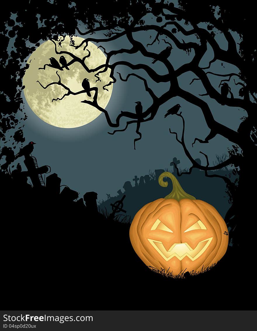 Halloween background with pumpkin, tree, crows and cemetery