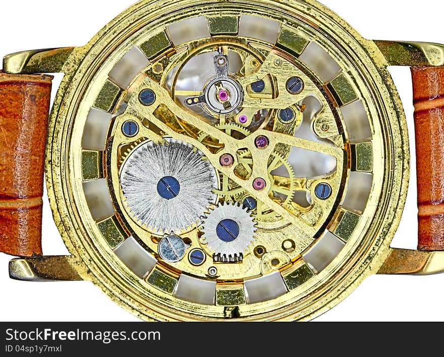 Gear skeleton mechanism golden wrist watch. Gear skeleton mechanism golden wrist watch