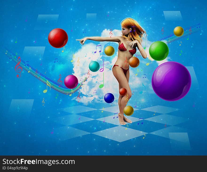 Abstract illustration of a girl in red bikini dancing. Abstract illustration of a girl in red bikini dancing.