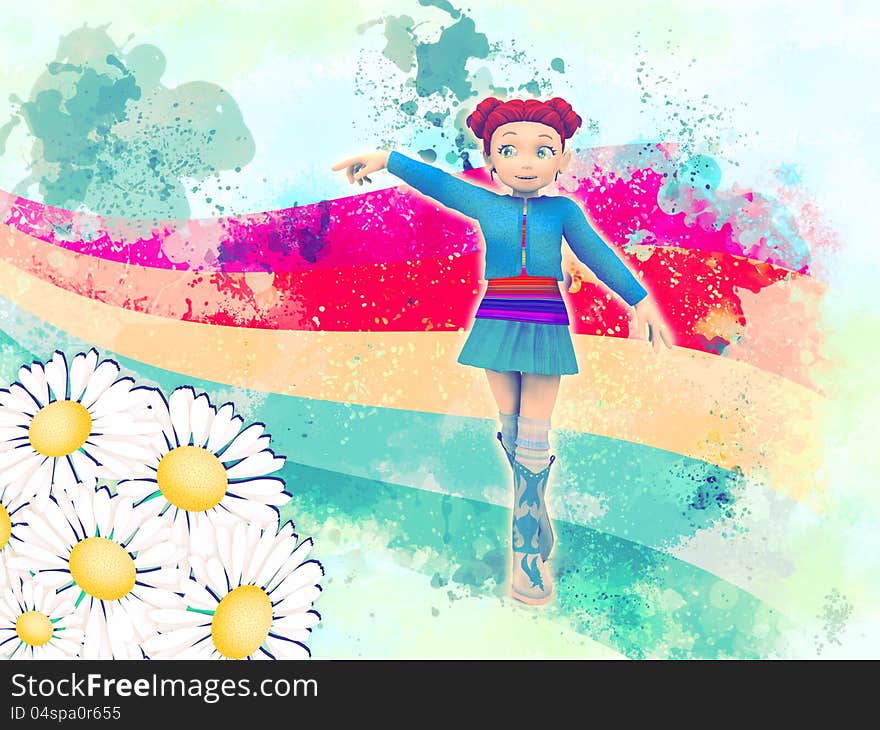 Abstract illustration with cartoon girl walking on rainbow. Abstract illustration with cartoon girl walking on rainbow.