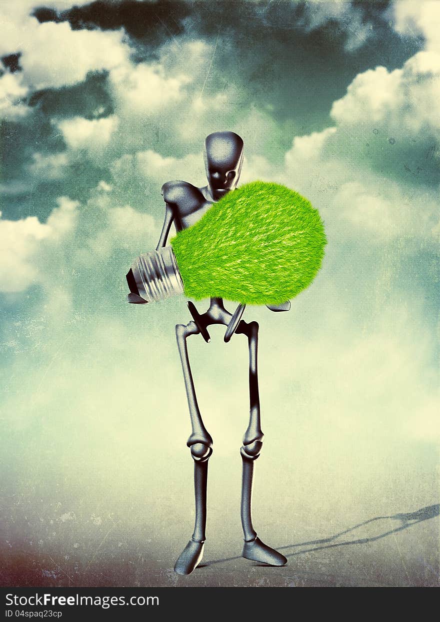 Grunge illustration of metal humanoid holding grass light bulb. Grunge illustration of metal humanoid holding grass light bulb.