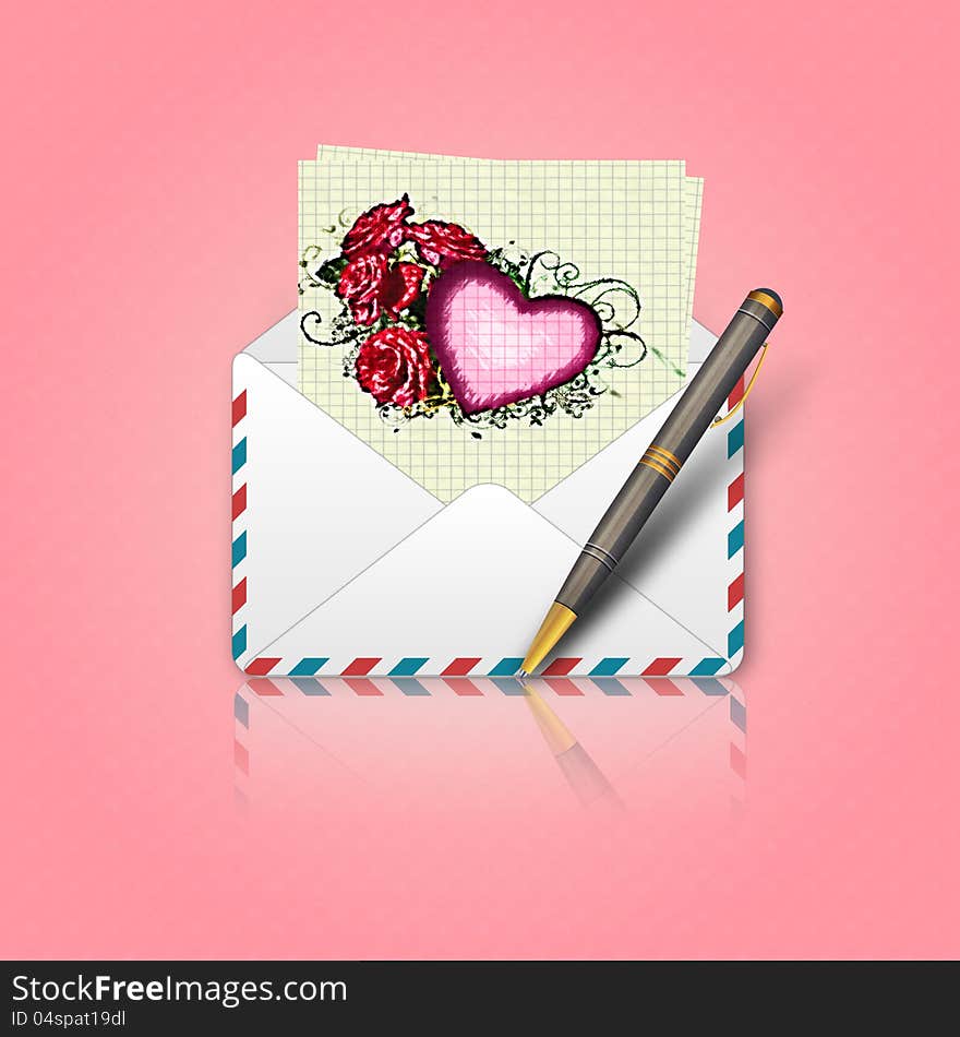 Illustration of opened Valentine`s day envelope with heart and flowers. Illustration of opened Valentine`s day envelope with heart and flowers.