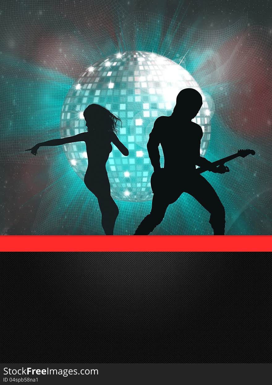 Illustration of party banner with disco ball and dancing people.