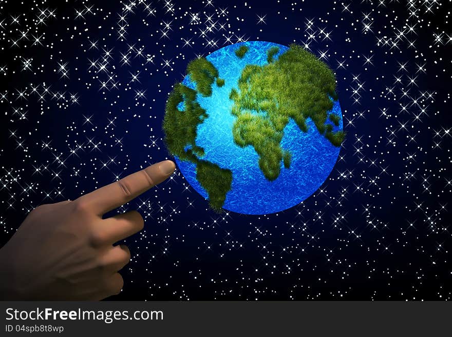 Abstract illustration on man's hand pointing the earth.