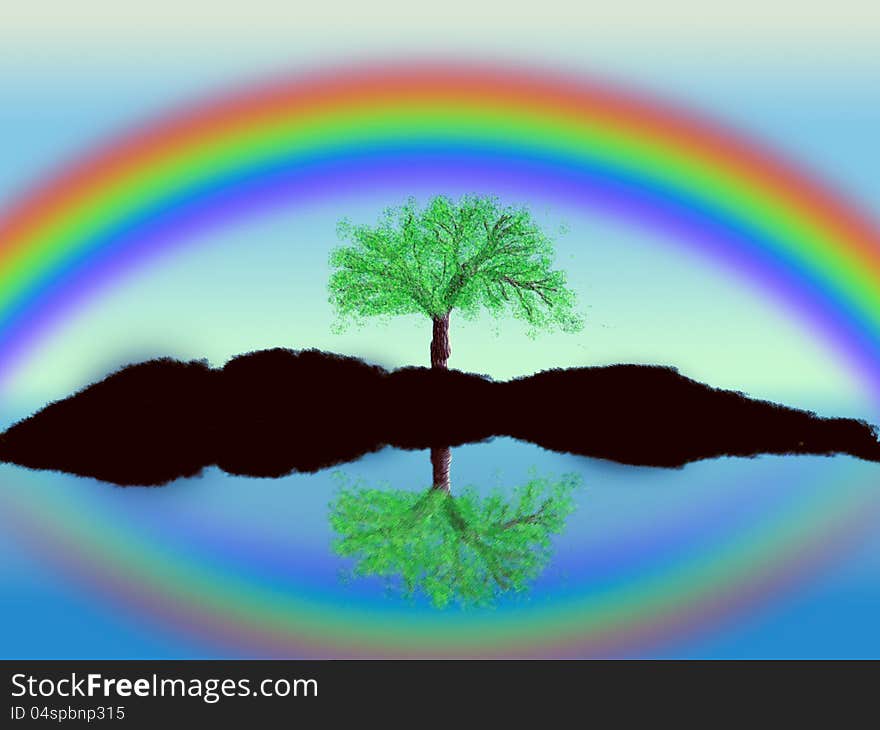 Illustration of tree set against a blue sky with a rainbow background. Illustration of tree set against a blue sky with a rainbow background.