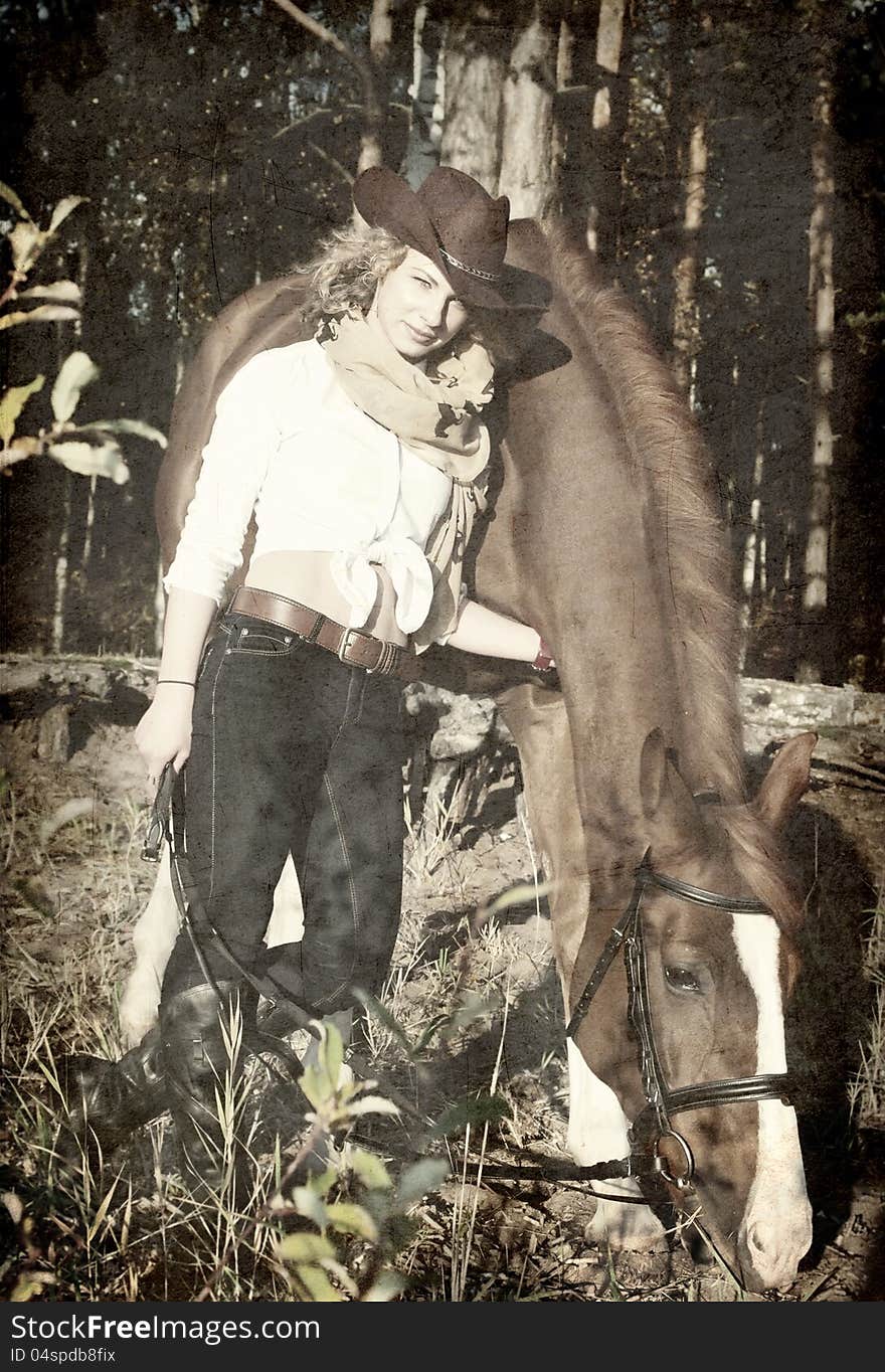 Happy cowgirl with her red horse.art toned. outdoor. Happy cowgirl with her red horse.art toned. outdoor