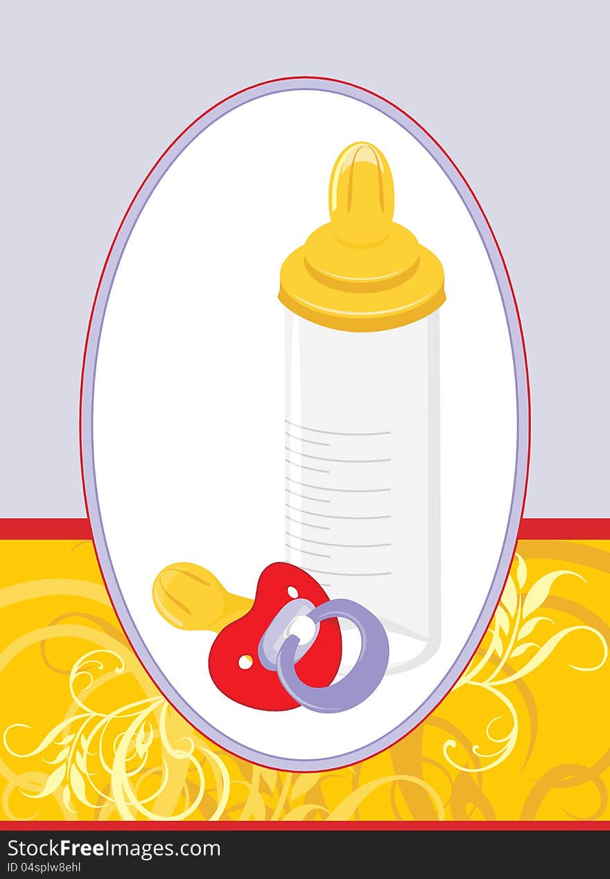 Baby dummy and milk bottle in the decorative frame. Illustration